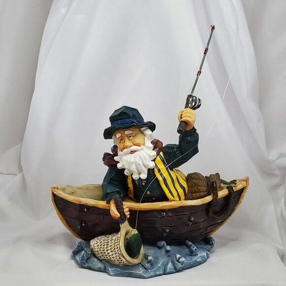 Other - VTG Hand-Painted Santa Fisherman Figurine Boat With Fishing Rod Nautical Resin